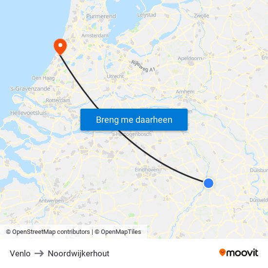 Venlo to Noordwijkerhout map