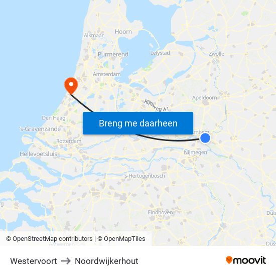 Westervoort to Noordwijkerhout map