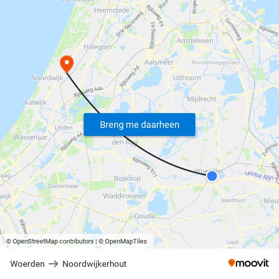Woerden to Noordwijkerhout map
