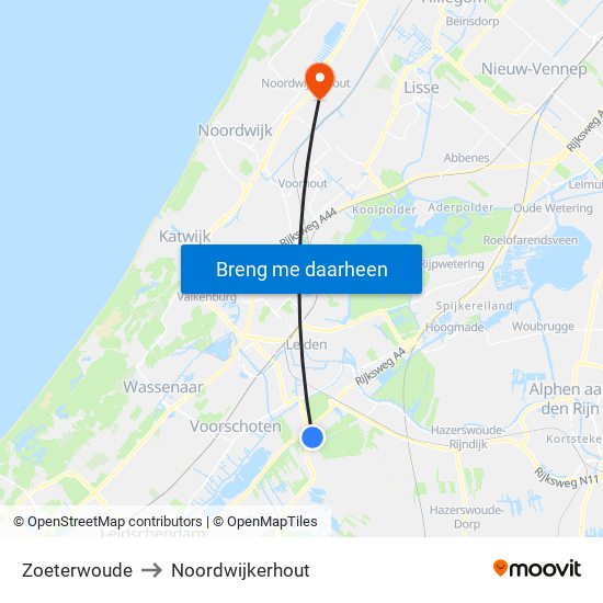 Zoeterwoude to Noordwijkerhout map