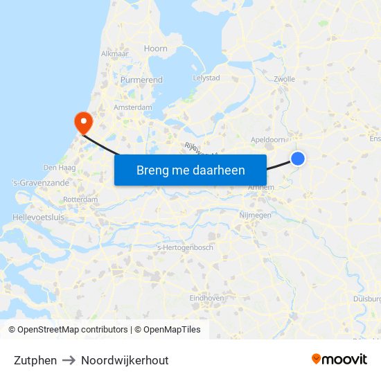 Zutphen to Noordwijkerhout map