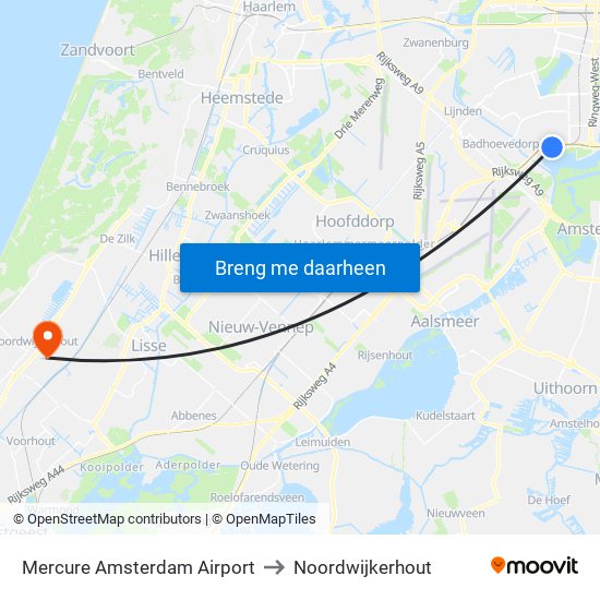 Mercure Amsterdam Airport to Noordwijkerhout map