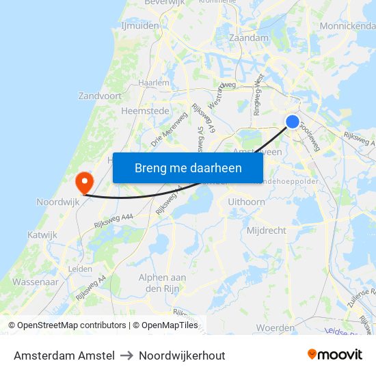 Amsterdam Amstel to Noordwijkerhout map