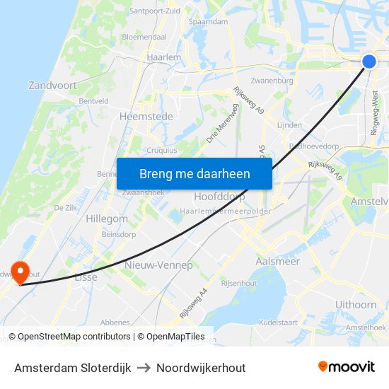 Amsterdam Sloterdijk to Noordwijkerhout map