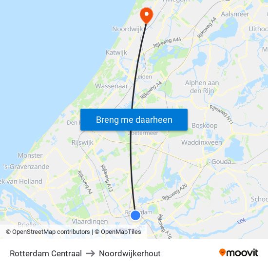 Rotterdam Centraal to Noordwijkerhout map