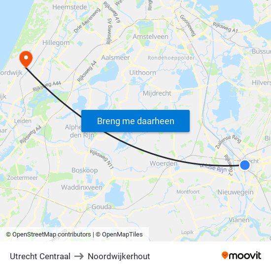 Utrecht Centraal to Noordwijkerhout map