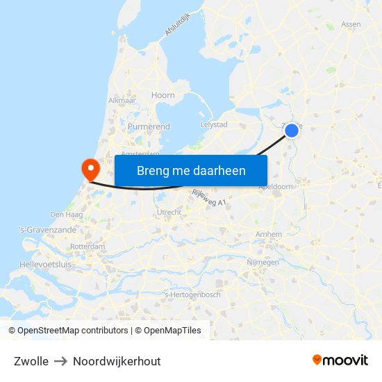 Zwolle to Noordwijkerhout map