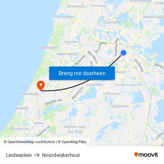 Leidseplein to Noordwijkerhout map
