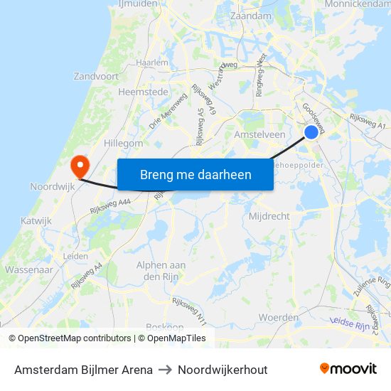 Amsterdam Bijlmer Arena to Noordwijkerhout map