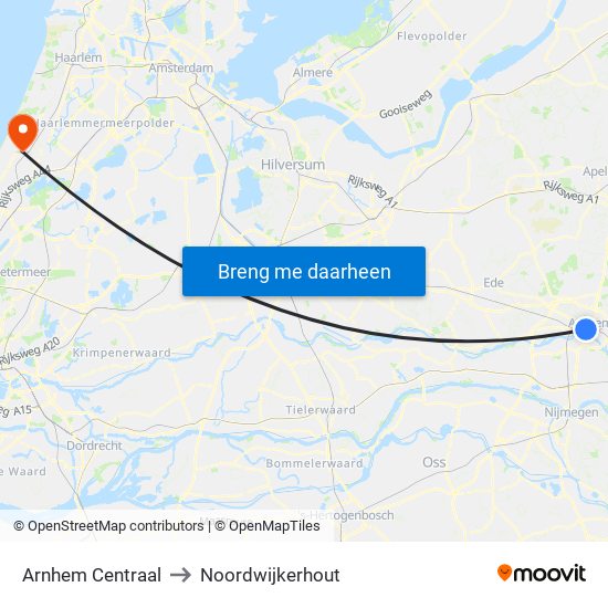 Arnhem Centraal to Noordwijkerhout map
