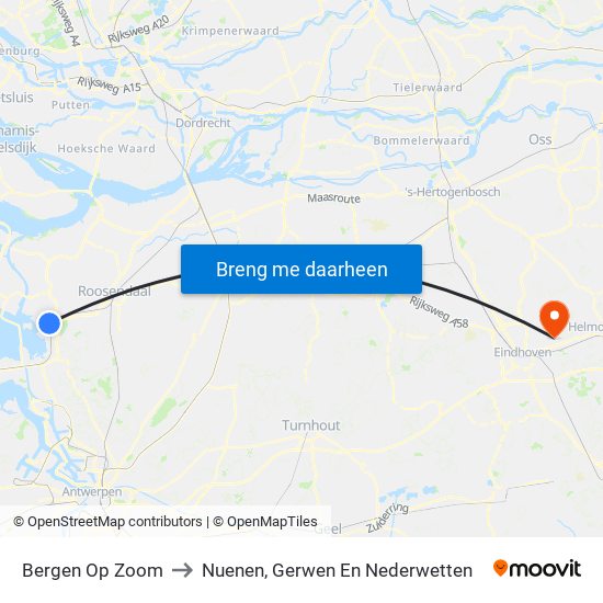Bergen Op Zoom to Nuenen, Gerwen En Nederwetten map