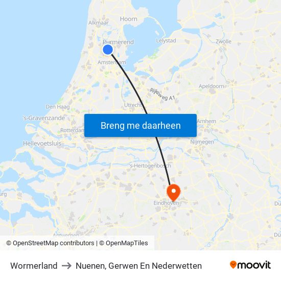 Wormerland to Nuenen, Gerwen En Nederwetten map