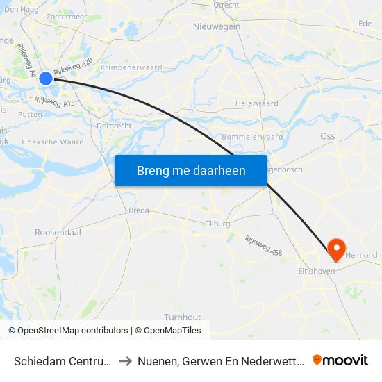 Schiedam Centrum to Nuenen, Gerwen En Nederwetten map