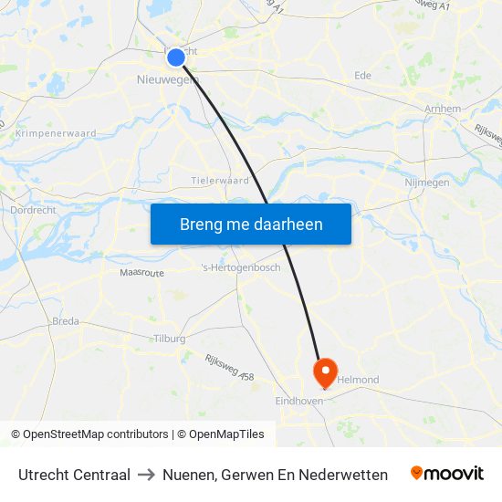 Utrecht Centraal to Nuenen, Gerwen En Nederwetten map