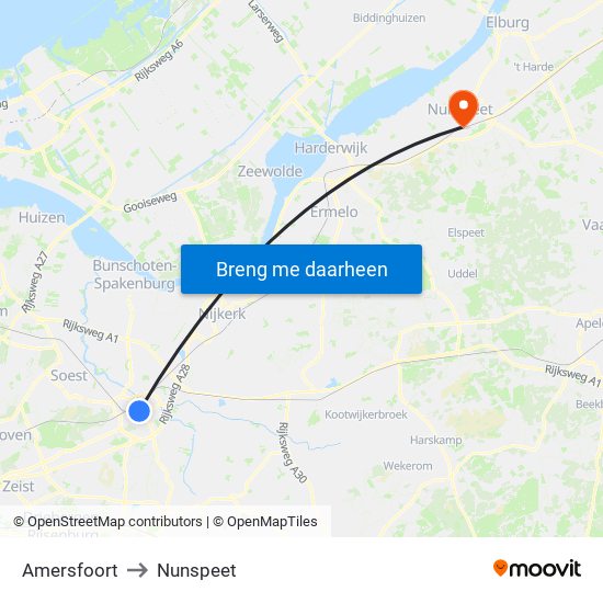 Amersfoort to Nunspeet map