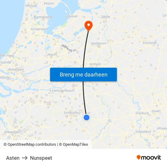Asten to Nunspeet map
