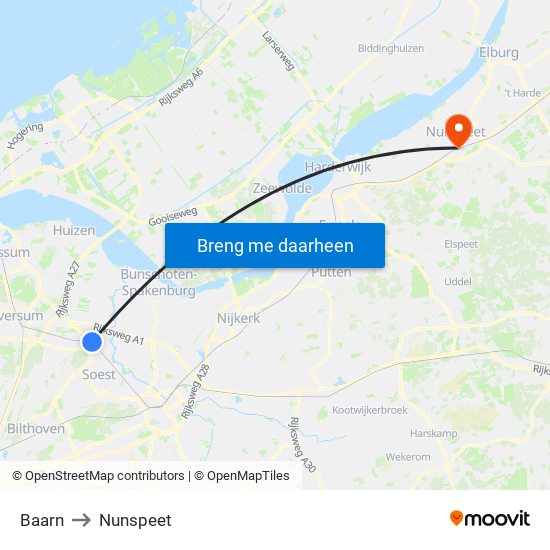 Baarn to Nunspeet map