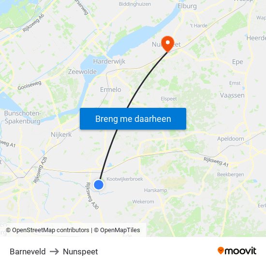 Barneveld to Nunspeet map