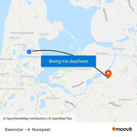 Beemster to Nunspeet map