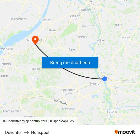 Deventer to Nunspeet map