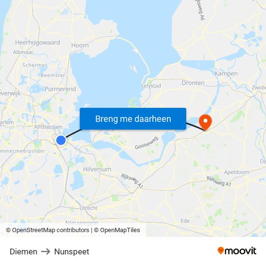 Diemen to Nunspeet map