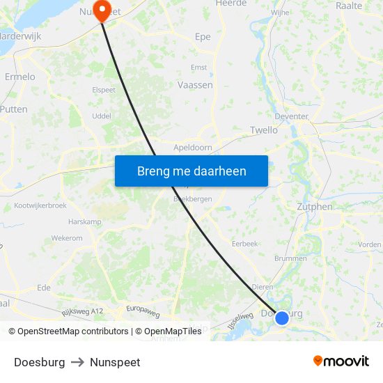 Doesburg to Nunspeet map