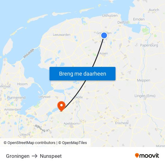 Groningen to Nunspeet map