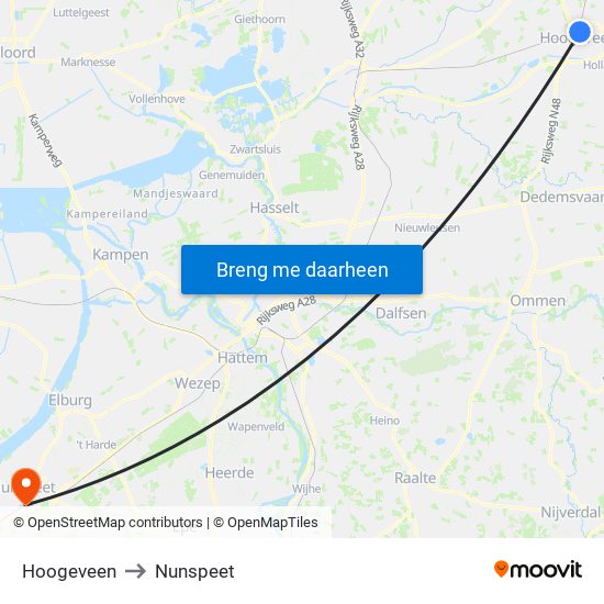 Hoogeveen to Nunspeet map