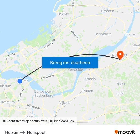 Huizen to Nunspeet map