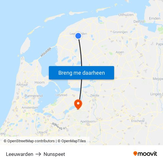 Leeuwarden to Nunspeet map