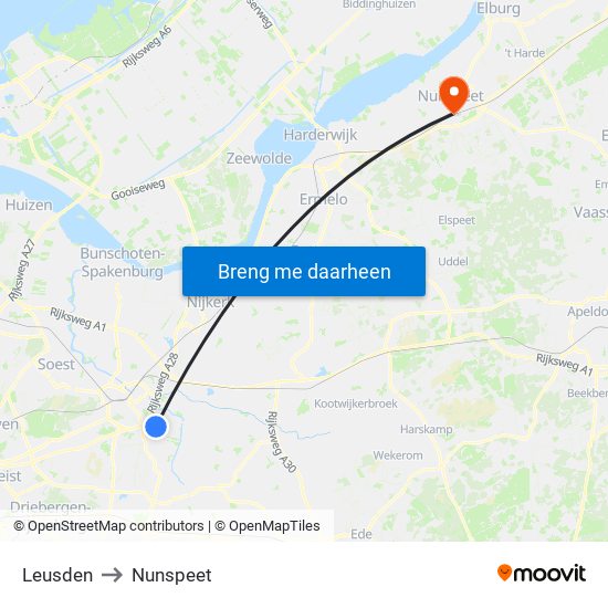 Leusden to Nunspeet map