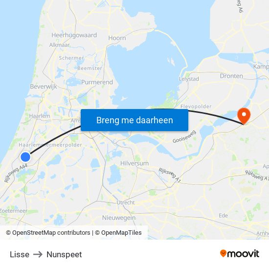 Lisse to Nunspeet map