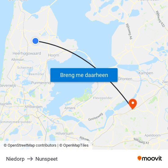 Niedorp to Nunspeet map