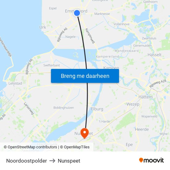 Noordoostpolder to Nunspeet map