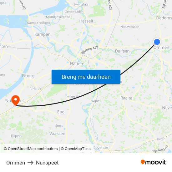 Ommen to Nunspeet map