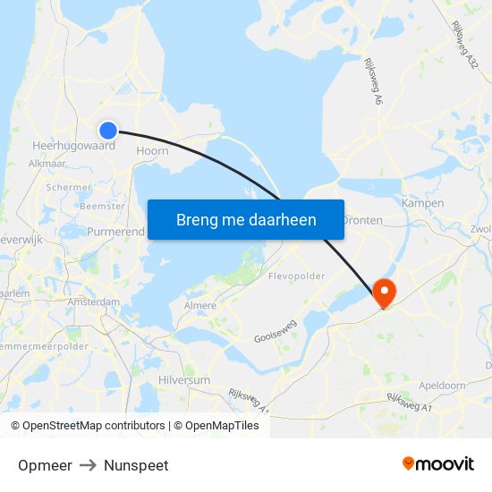 Opmeer to Nunspeet map