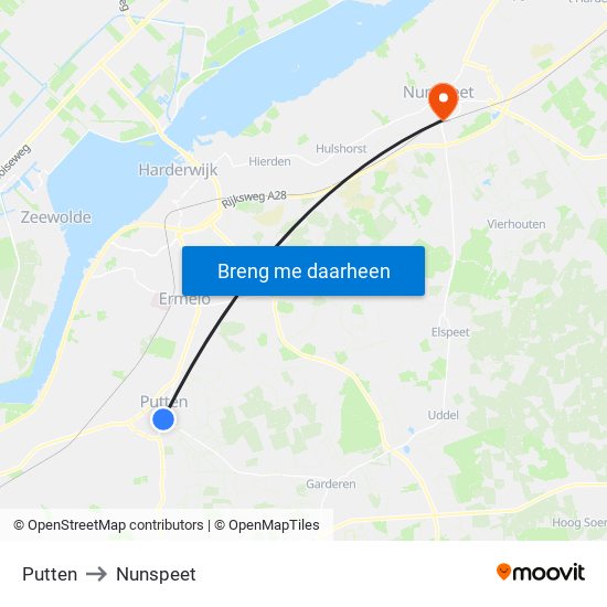 Putten to Nunspeet map