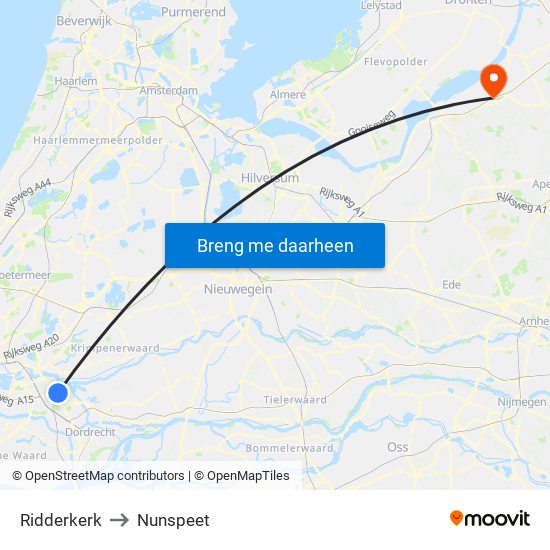 Ridderkerk to Nunspeet map