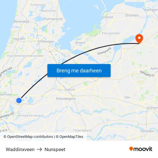 Waddinxveen to Nunspeet map