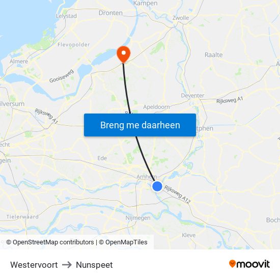 Westervoort to Nunspeet map