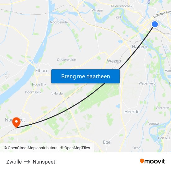 Zwolle to Nunspeet map