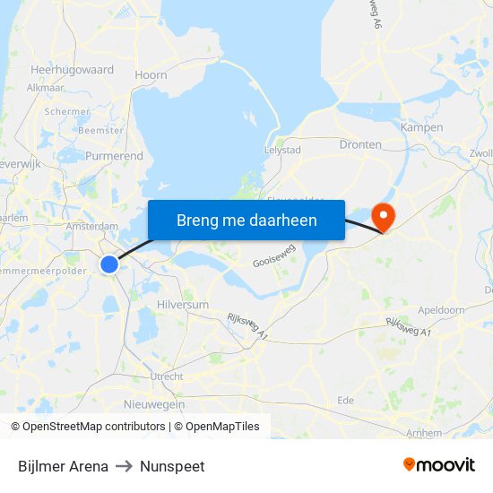 Bijlmer Arena to Nunspeet map