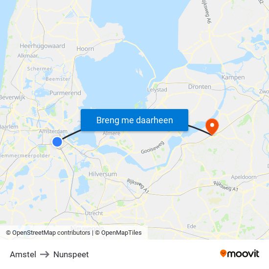 Amstel to Nunspeet map