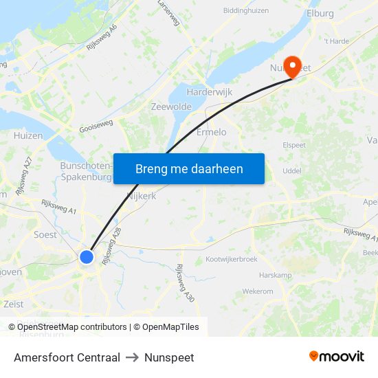 Amersfoort Centraal to Nunspeet map
