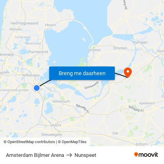 Amsterdam Bijlmer Arena to Nunspeet map