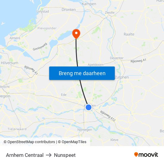 Arnhem Centraal to Nunspeet map