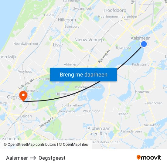 Aalsmeer to Oegstgeest map