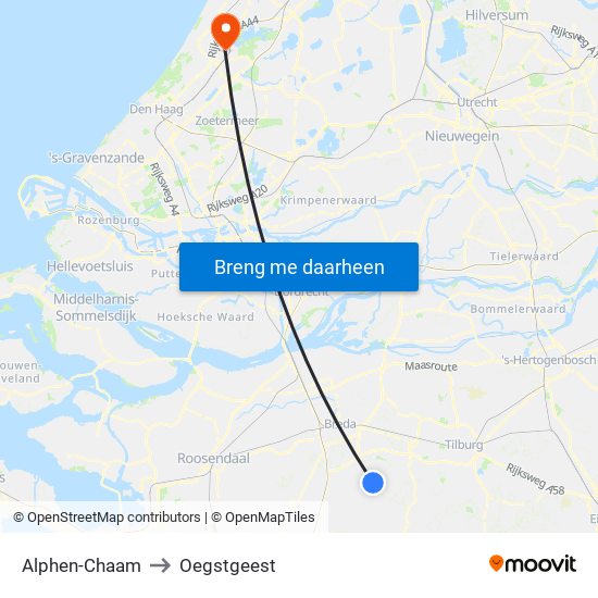 Alphen-Chaam to Oegstgeest map