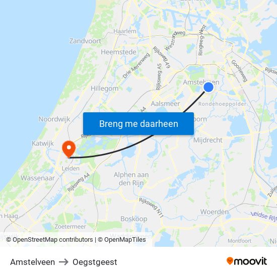 Amstelveen to Oegstgeest map
