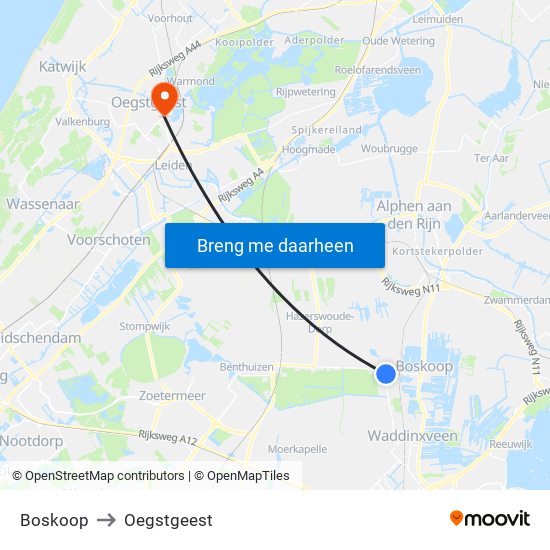 Boskoop to Oegstgeest map